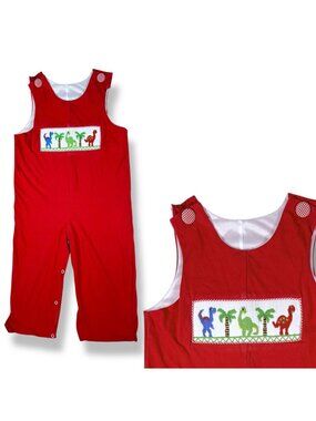 Toddler Boys Red Dinosaur Embroidered Smocked Longalls Romper Outfit 4T